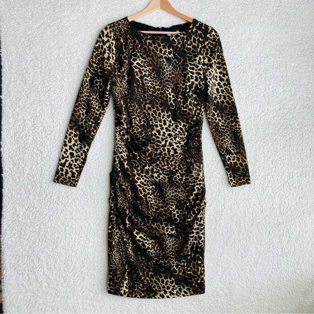 Carmen Marc Valvo leopard print long sleeve jersey knit bodycon midi dress, Sz M - Picture 4 of 16